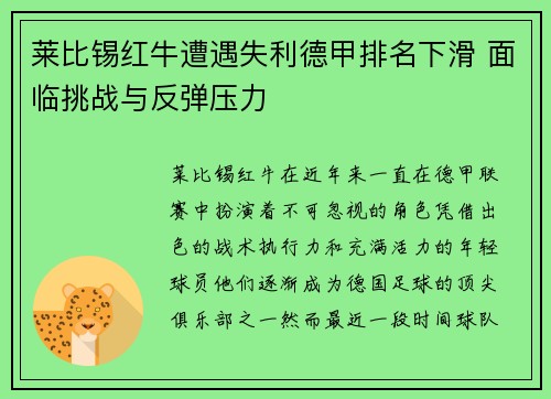 莱比锡红牛遭遇失利德甲排名下滑 面临挑战与反弹压力