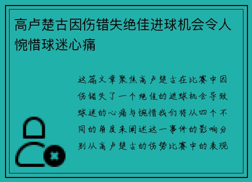 高卢楚古因伤错失绝佳进球机会令人惋惜球迷心痛