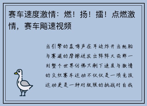 赛车速度激情：燃！扬！擂！点燃激情，赛车飚速视频